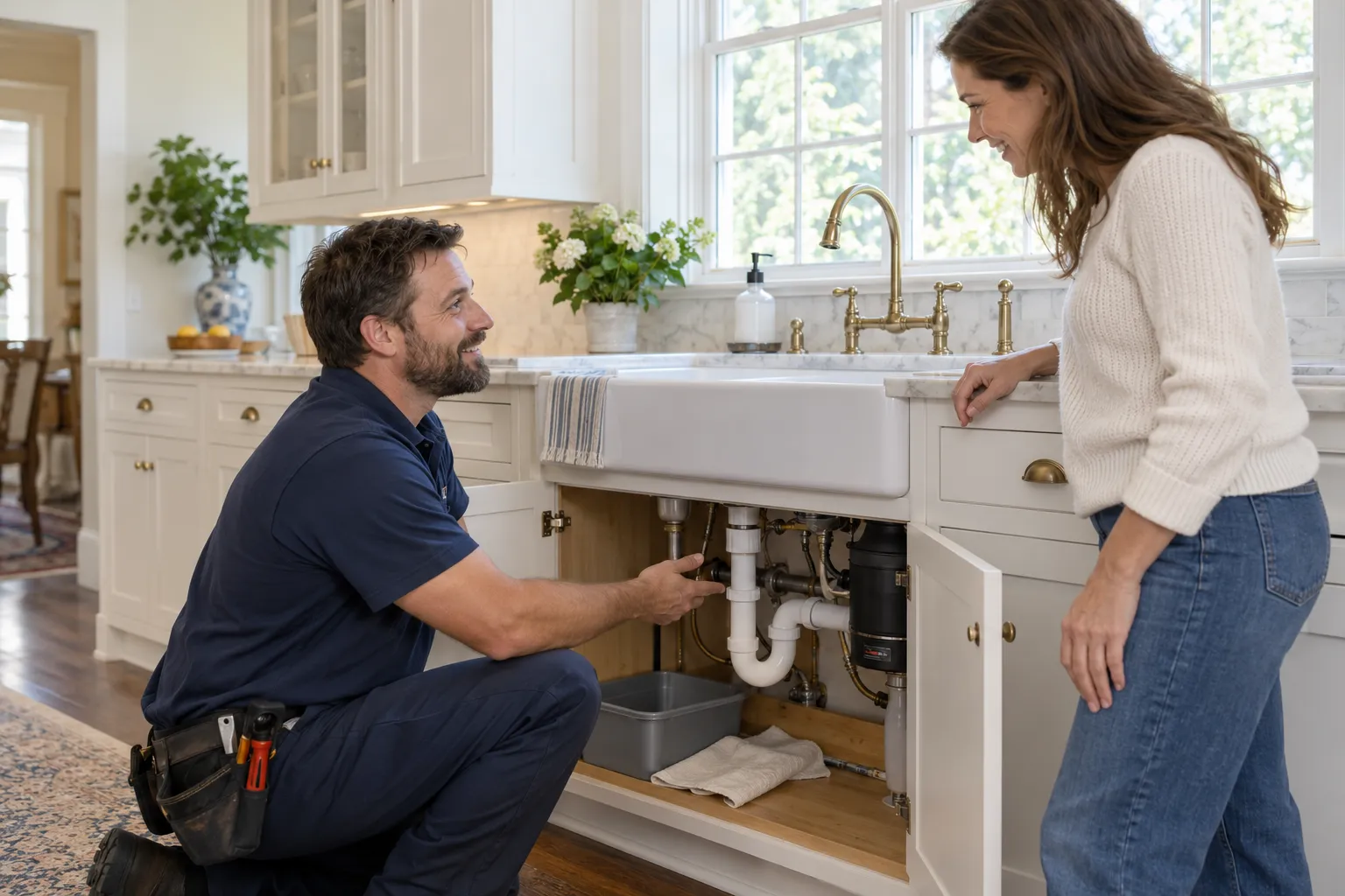 A friendly plumber kneeling beside an open cabinet under a kitchen sink in a Wilmington home